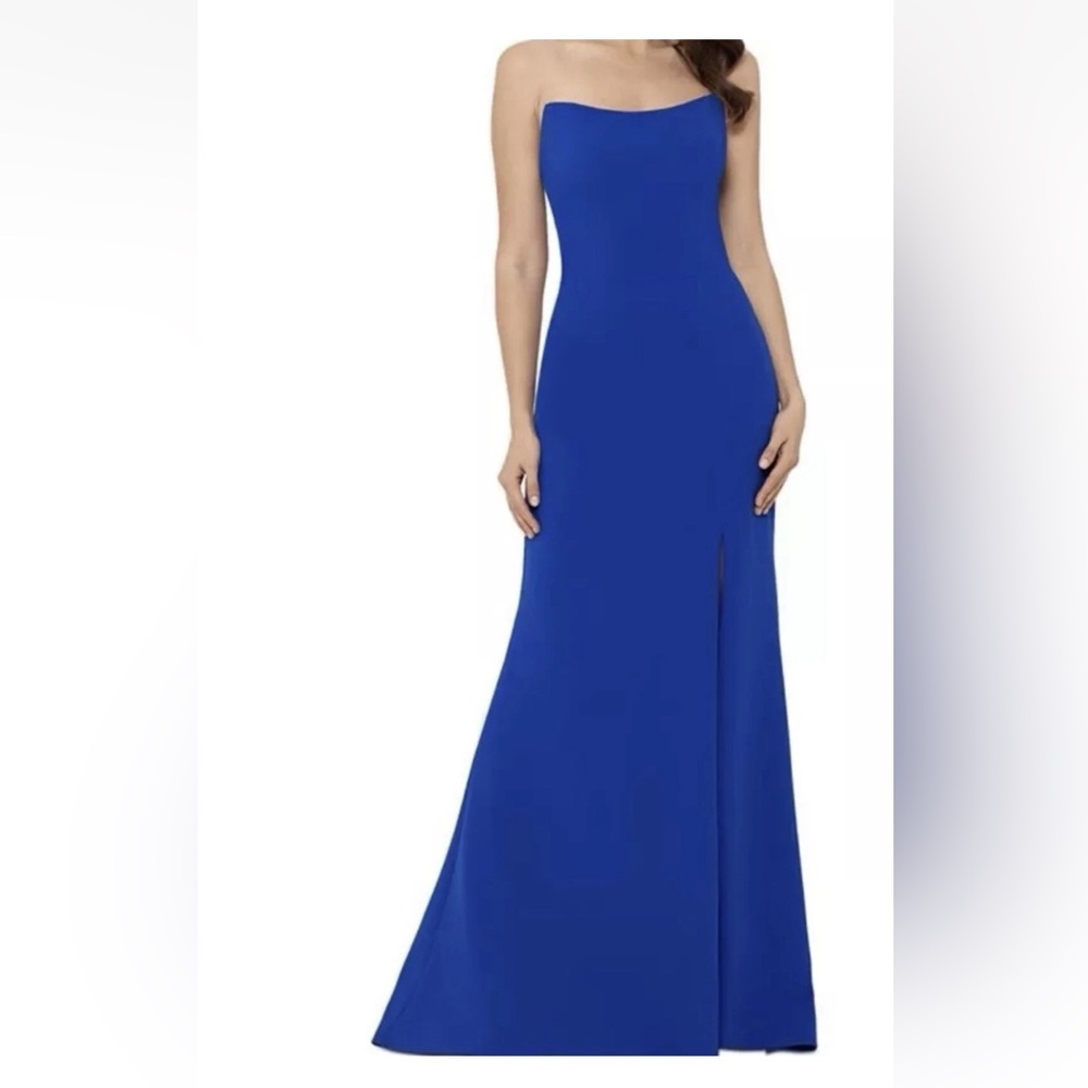 Betsy & Adam Blue Strapless Slit Gown for Wedding Dress 12